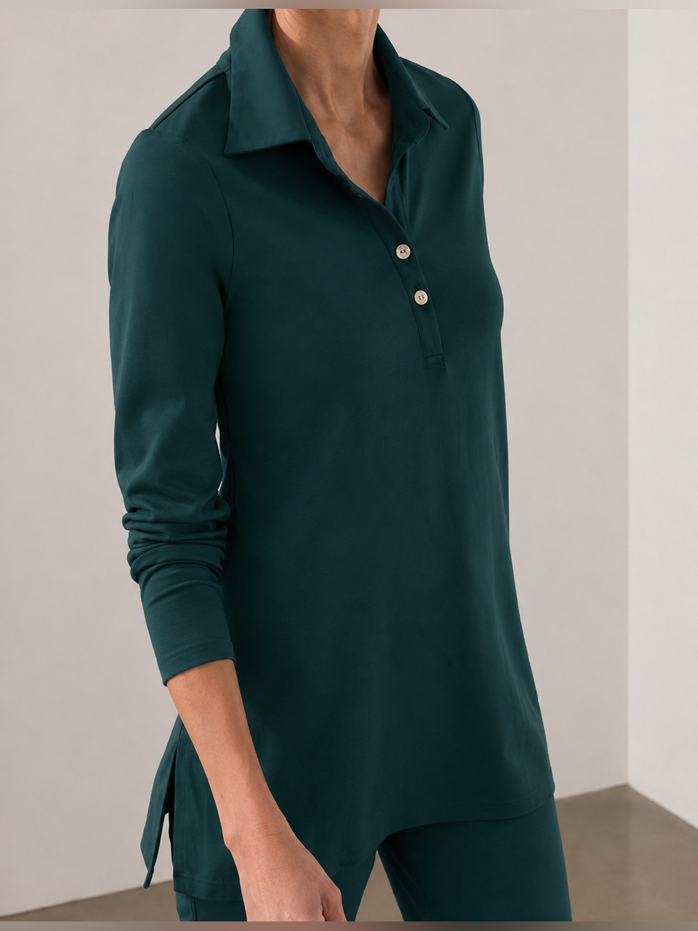NEW Chico’s Ponte Collared Tunic Green XL Chico’s 3 Minimalist Casual Feminine